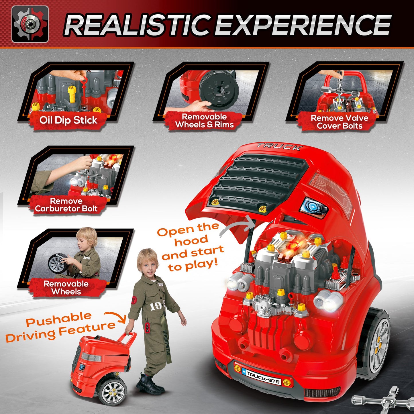 Educational Kids Truck Engine Toy Set Car Service Station Playset with Steering Wheel Horn Light RC Car Key Red Kids Crystal