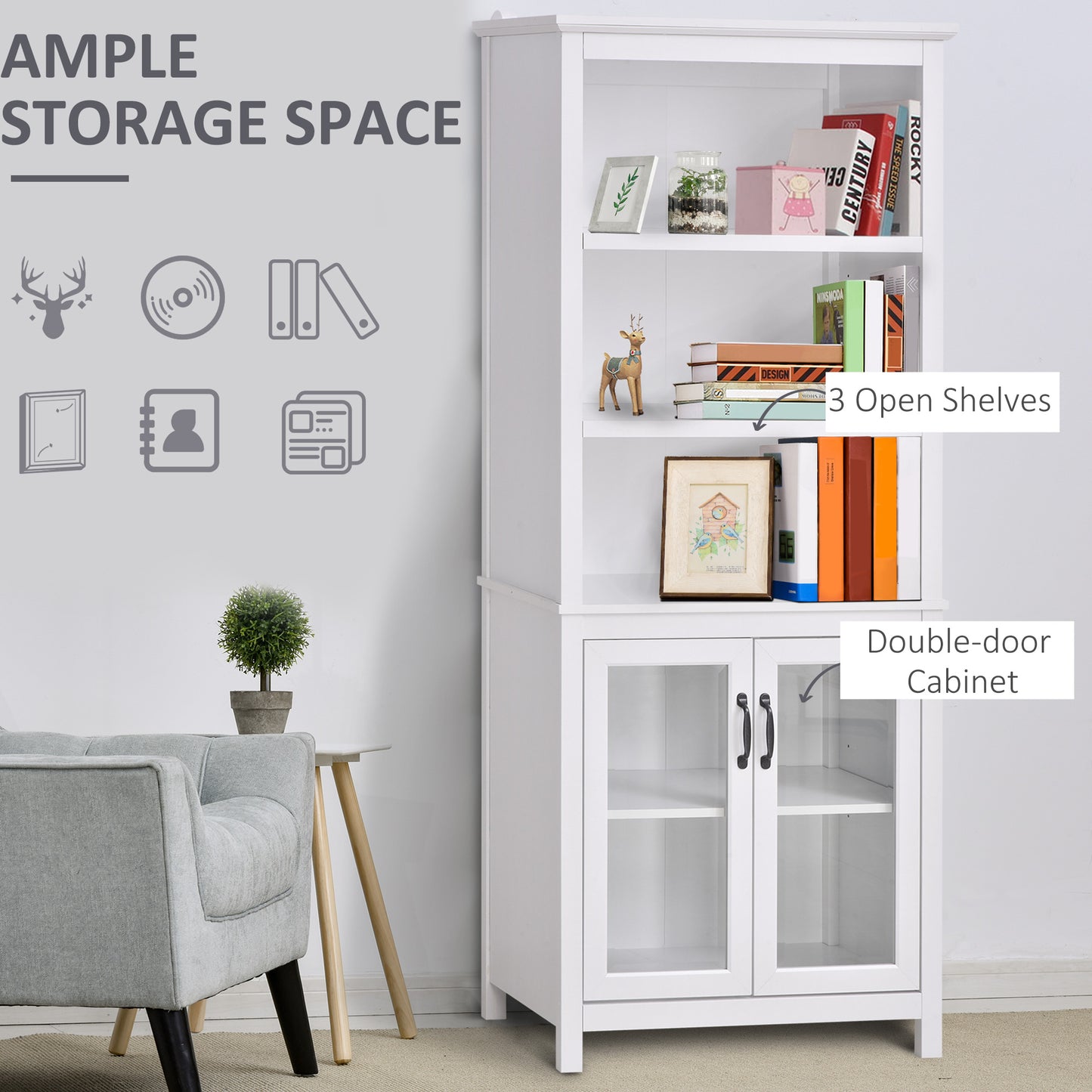 Storage Cabinet Bookcase Versatile Adjustable Shelves Living Room Organizer Elegant White Kids Crystal