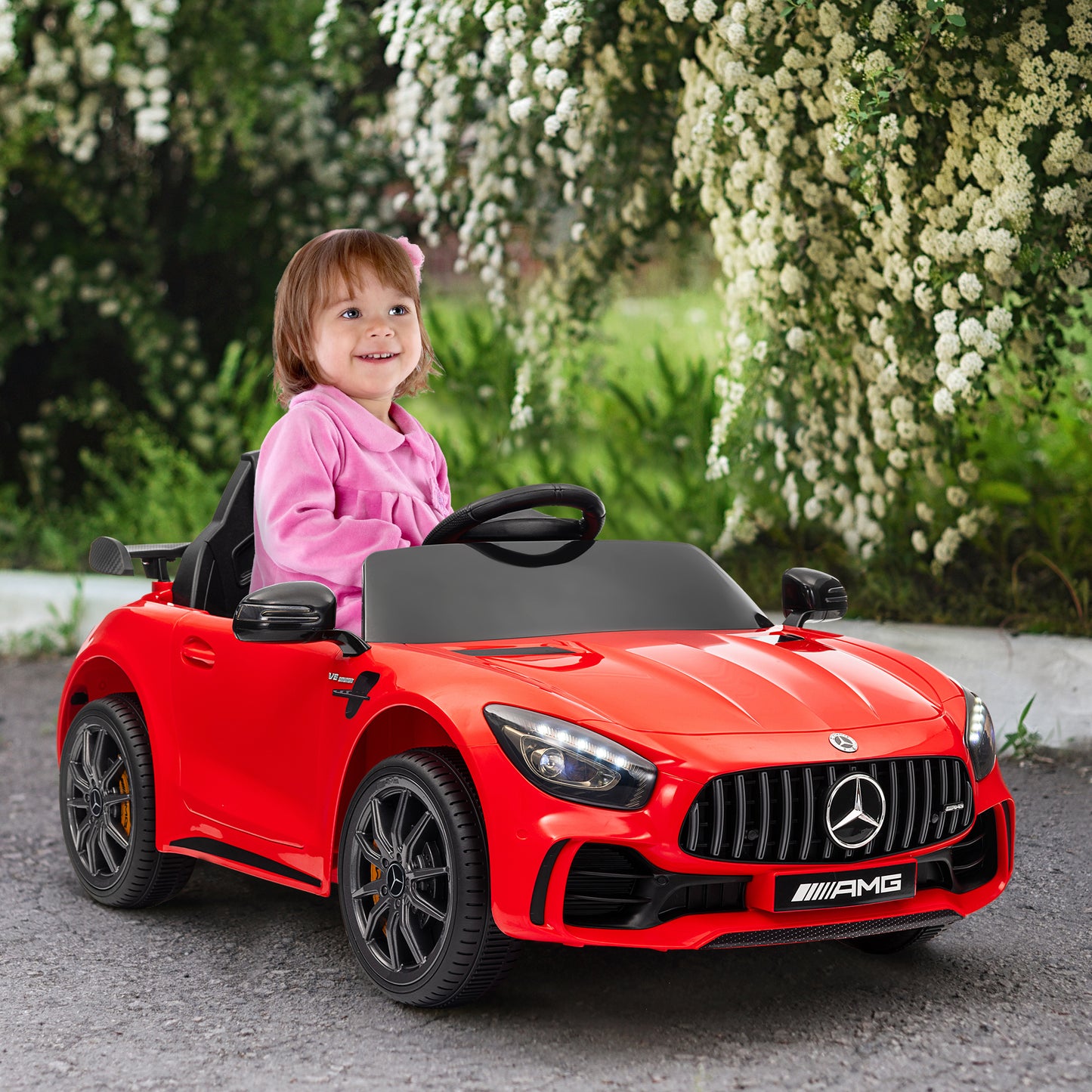 Mercedes-Benz AMG GTR Licensed 12V Battery Powered Kids Electric Car w/ Remote, Soft Start, Lights, Music Horn Red Kids Crystal