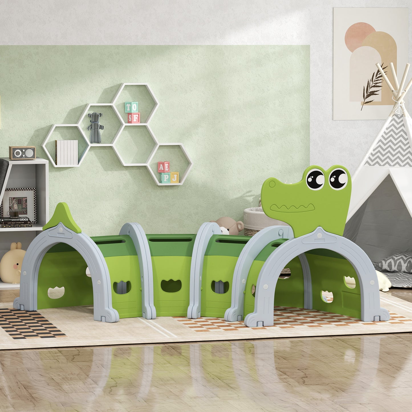 Crocodile Design Kids Play Tunnel for Indoor Outdoor, Green Kids Crystal