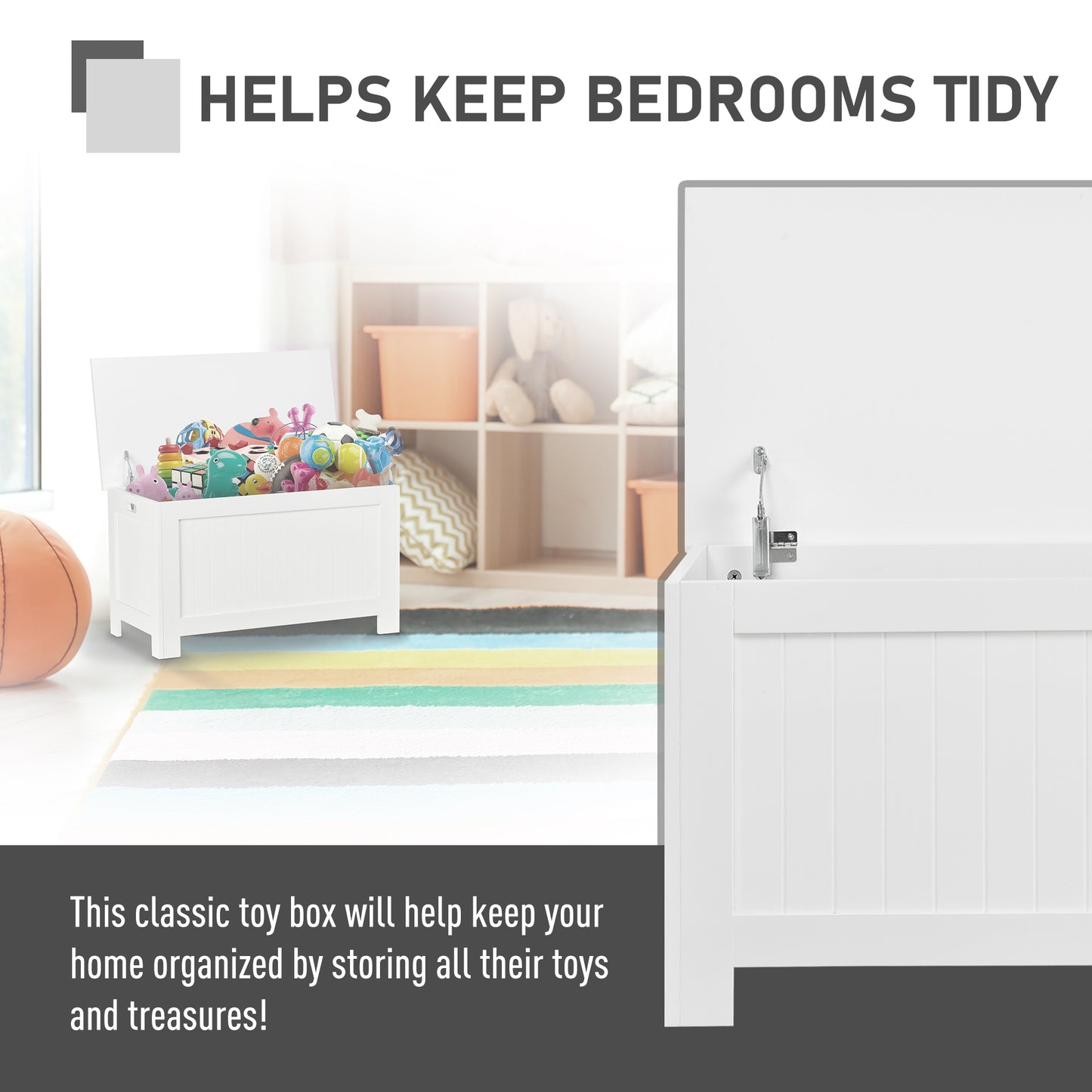 Toy Treasure Chest: Large Storage Box Cabinet with Lid, 2 Safety Hinges, Ideal for Kids' Room Organization, White Finish