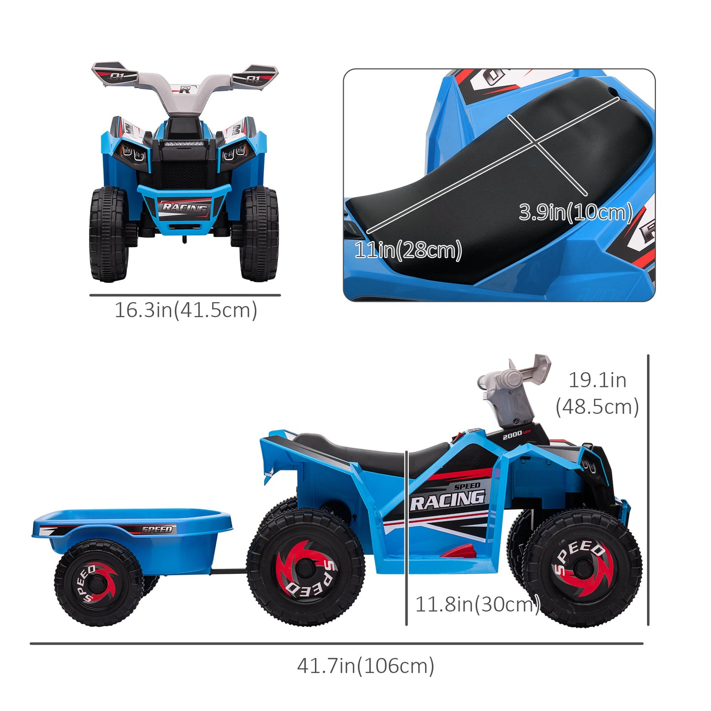 6V Kids ATV Quad Battery Powered Electric Vehicle Back Trailer Wear-resistant Wheels Boys Girls Blue Toy Kids Crystal