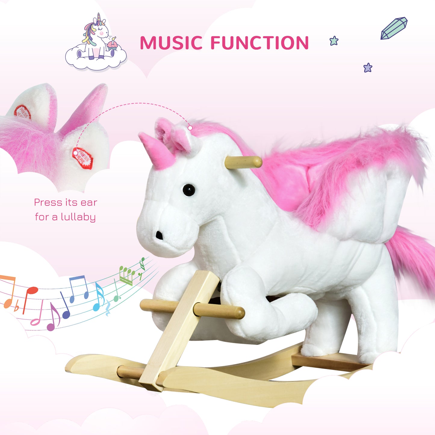 Kids's Pink Plush Rocking Horse Pony Sing-Along Musical Song Ride-On Toy Playtime Rocker Toddlers Kids Crystal