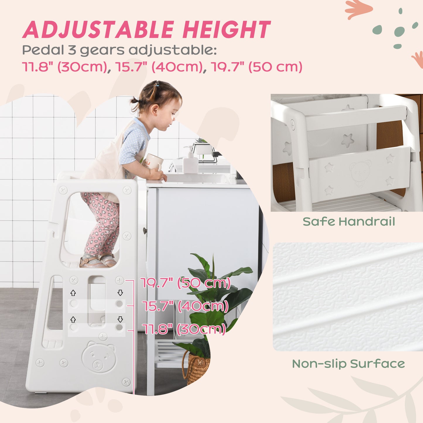 Adjustable Kids Step Stool, Toddler Kitchen Standing Tower with 3 Heights, White