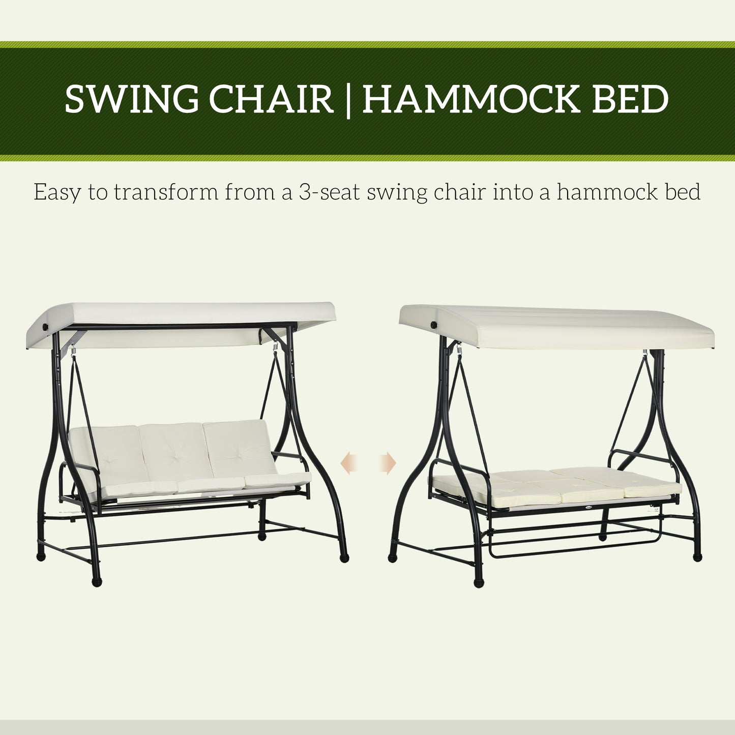 Convertible Patio Swing Bed with Canopy and Cushions, 3 Seater Porch Swing for Outdoor, Backyard, Garden, Cream White Kids Crystal