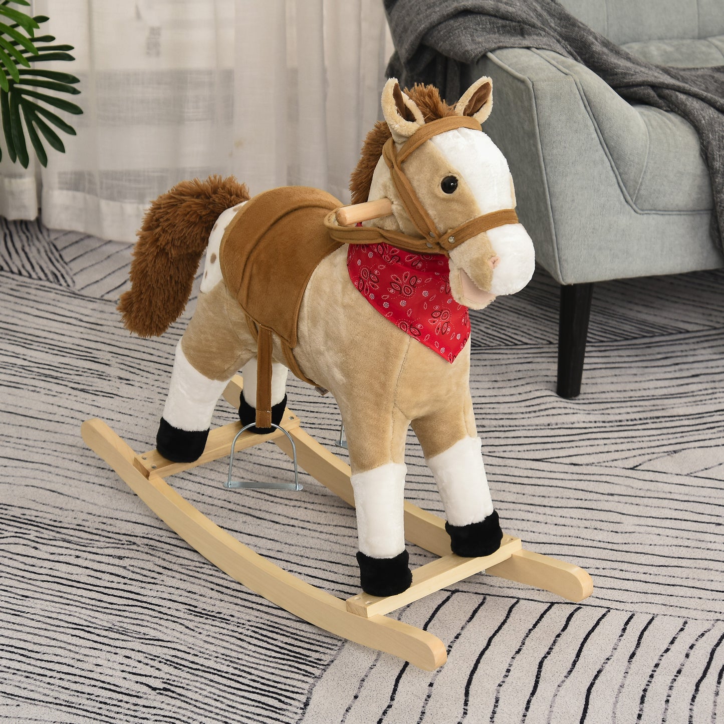 Kids Plush Ride-On Rocking Horse Toy Cowboy Rocker with Fun Realistic Sounds for Child 3-8 Years Old, Beige Kids Crystal