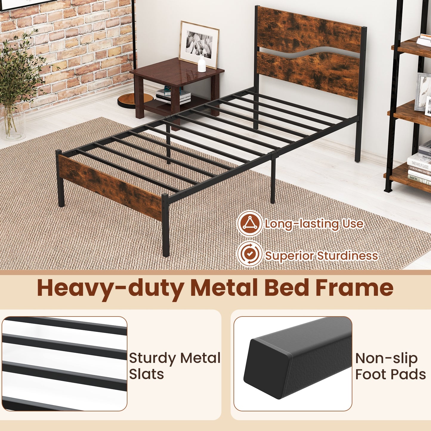 Twin/Full/Queen/King Metal Bed Frame with Wooden Headboard and Footboard-Twin Size Kids Crystal