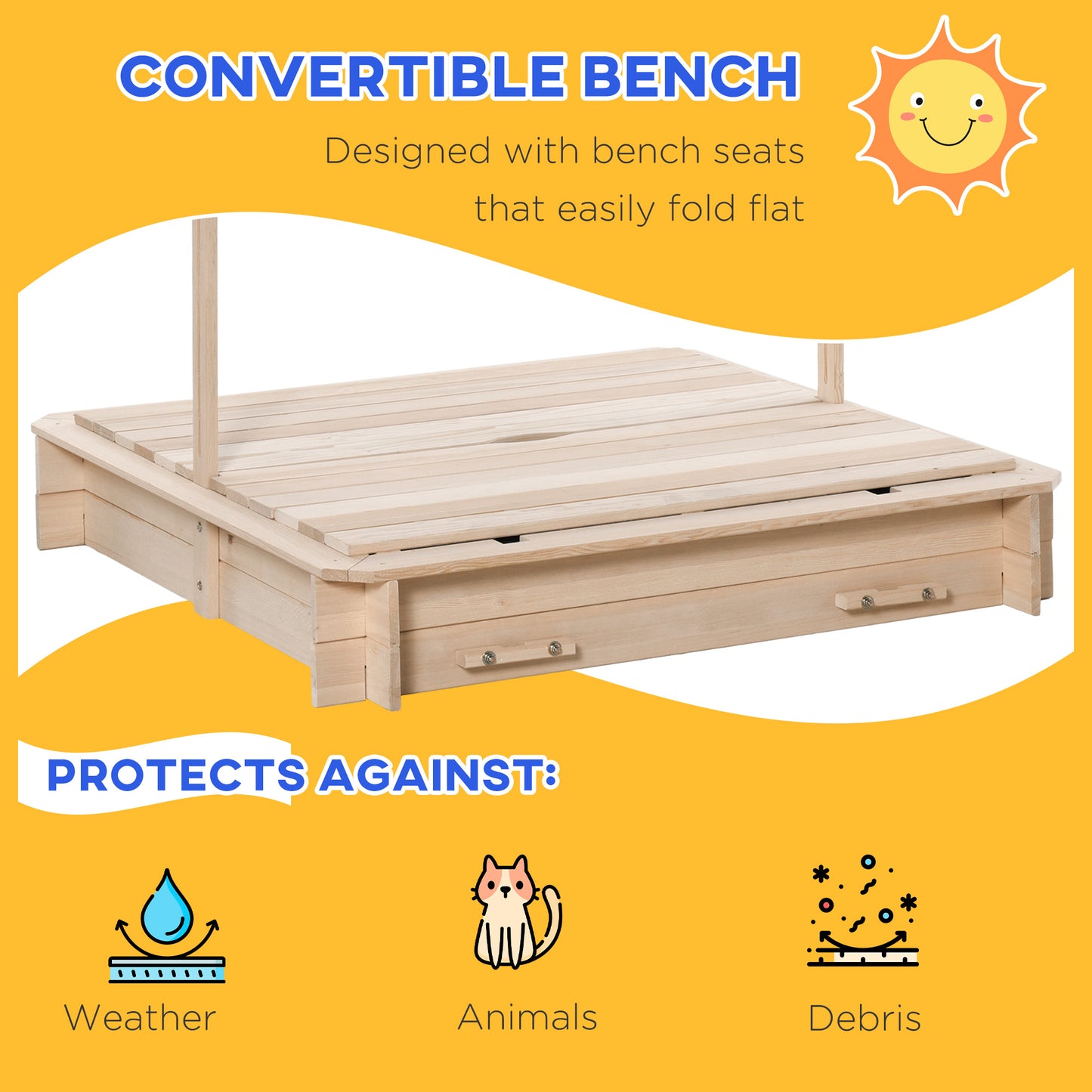 Wooden Sandbox for Kids with Adjustable Canopy and Convertible Bench, Outdoor Playset - Sand Kids Crystal