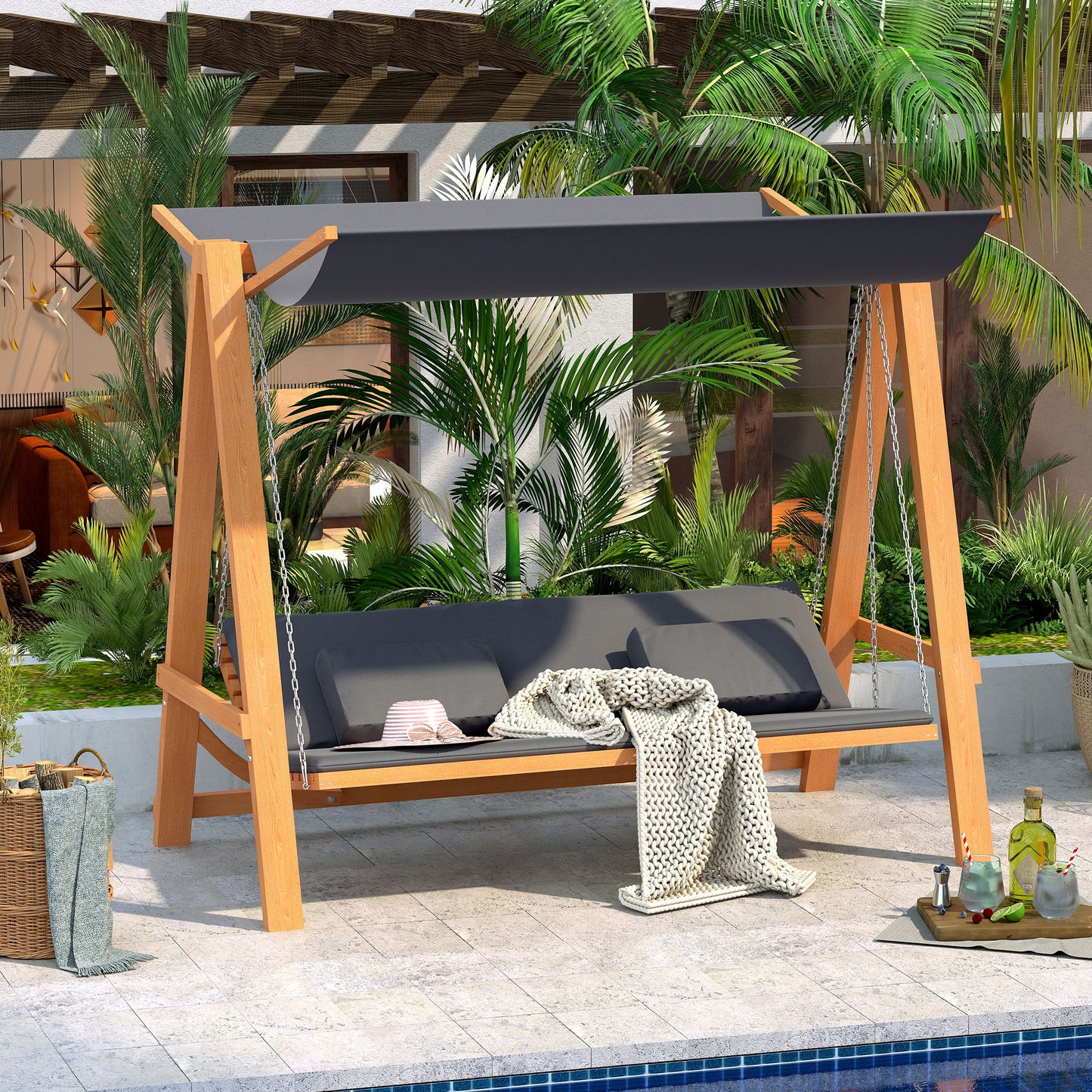 3 Seater Patio Swing Chair Convertible Cushioned Porch Swing Bed with Canopy, Wood Frame for Outdoor, Backyard, Garden Kids Crystal