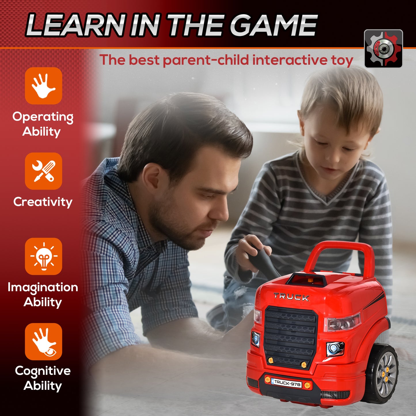 Educational Kids Truck Engine Toy Set Car Service Station Playset with Steering Wheel Horn Light RC Car Key Red Kids Crystal