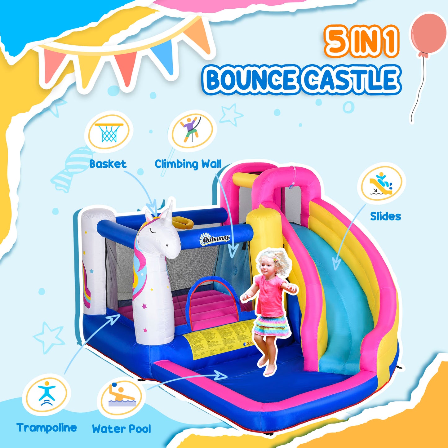 Bouncy Castle with Water Slide Inflatable Trampoline Pool for Kids 5 in 1 Climbing Wall Bounce House with Blower