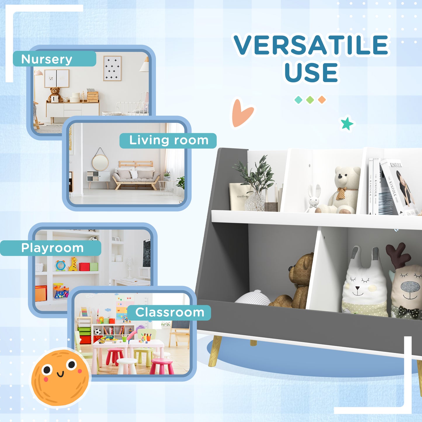 Toy Storage Organizer: 2 Tier with 5 Compartments, Safety Anti-tip for Nursery & Playroom - Grey Kids Crystal