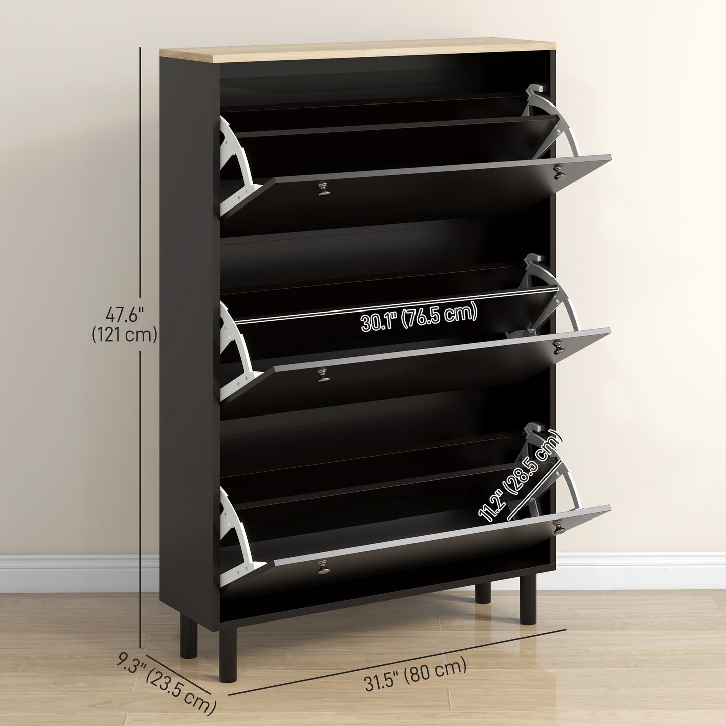 Narrow Shoe Storage Cabinet with 3 Flip Drawers Adjustable Shelves for 24 Pairs Black Kids Crystal