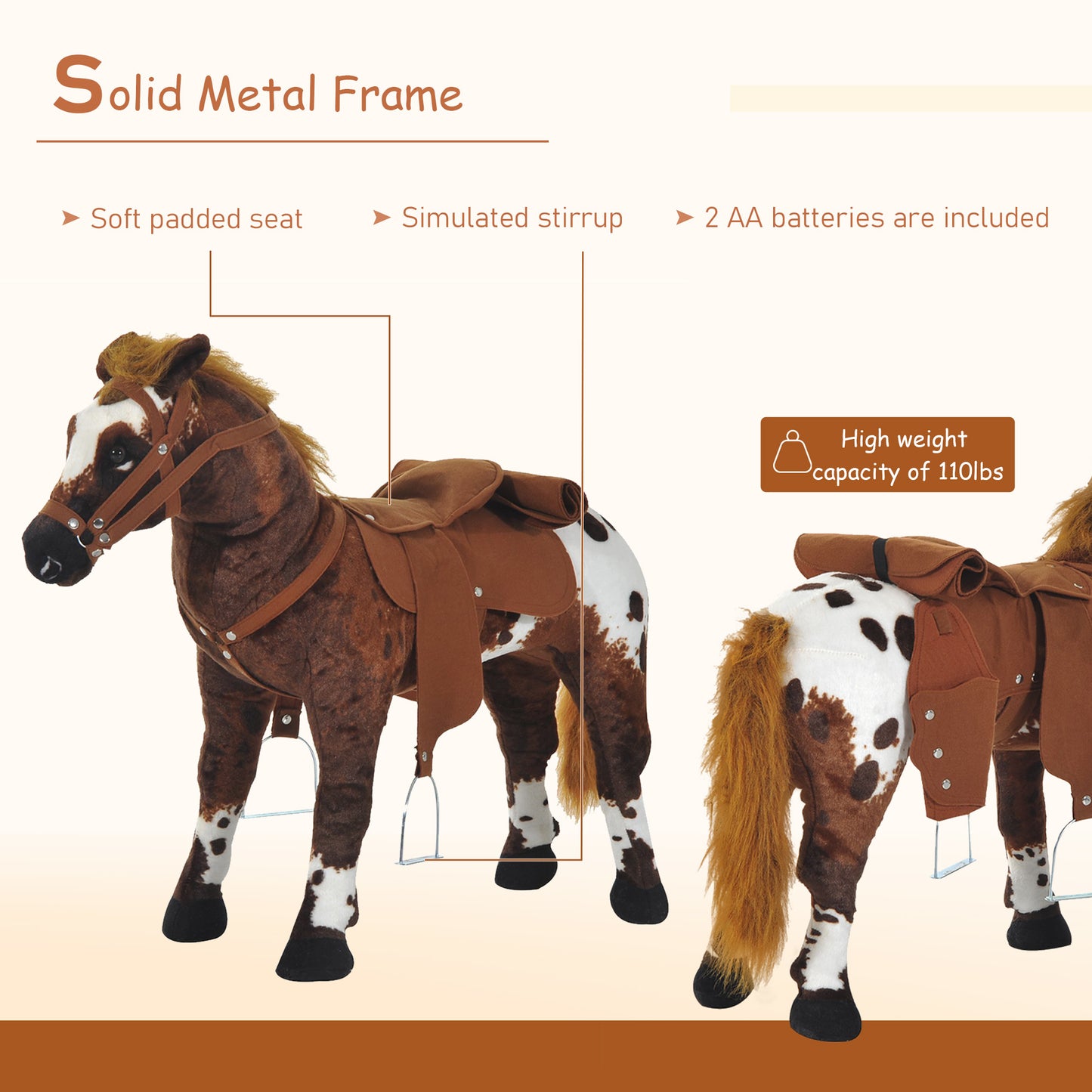 Plush Standing Ride-On Pony for Kids - Brown Cowboy Horse Toy with Neighing Sound Kids Crystal