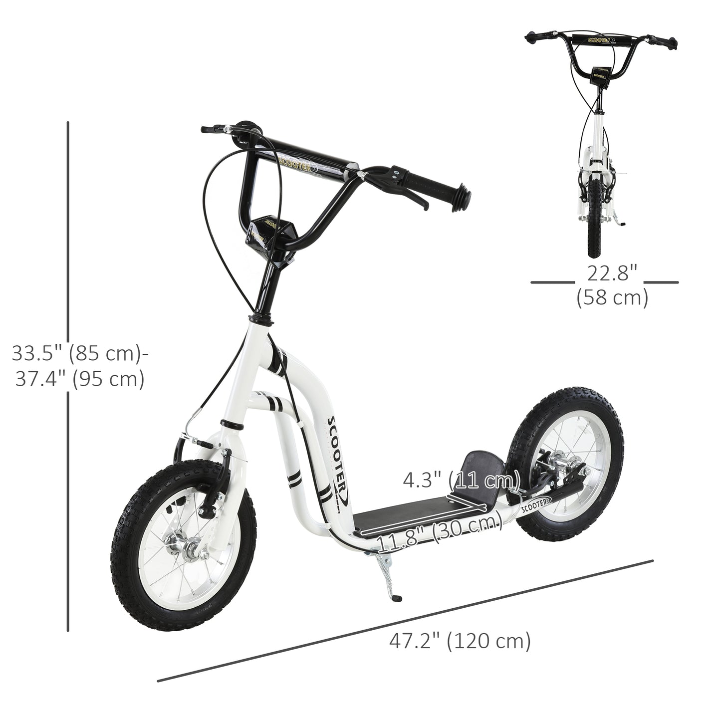 Dual Brakes Kick Scooter 12-Inch Inflatable Front Wheel Ride On Toy for Age 5+, White Kids Crystal