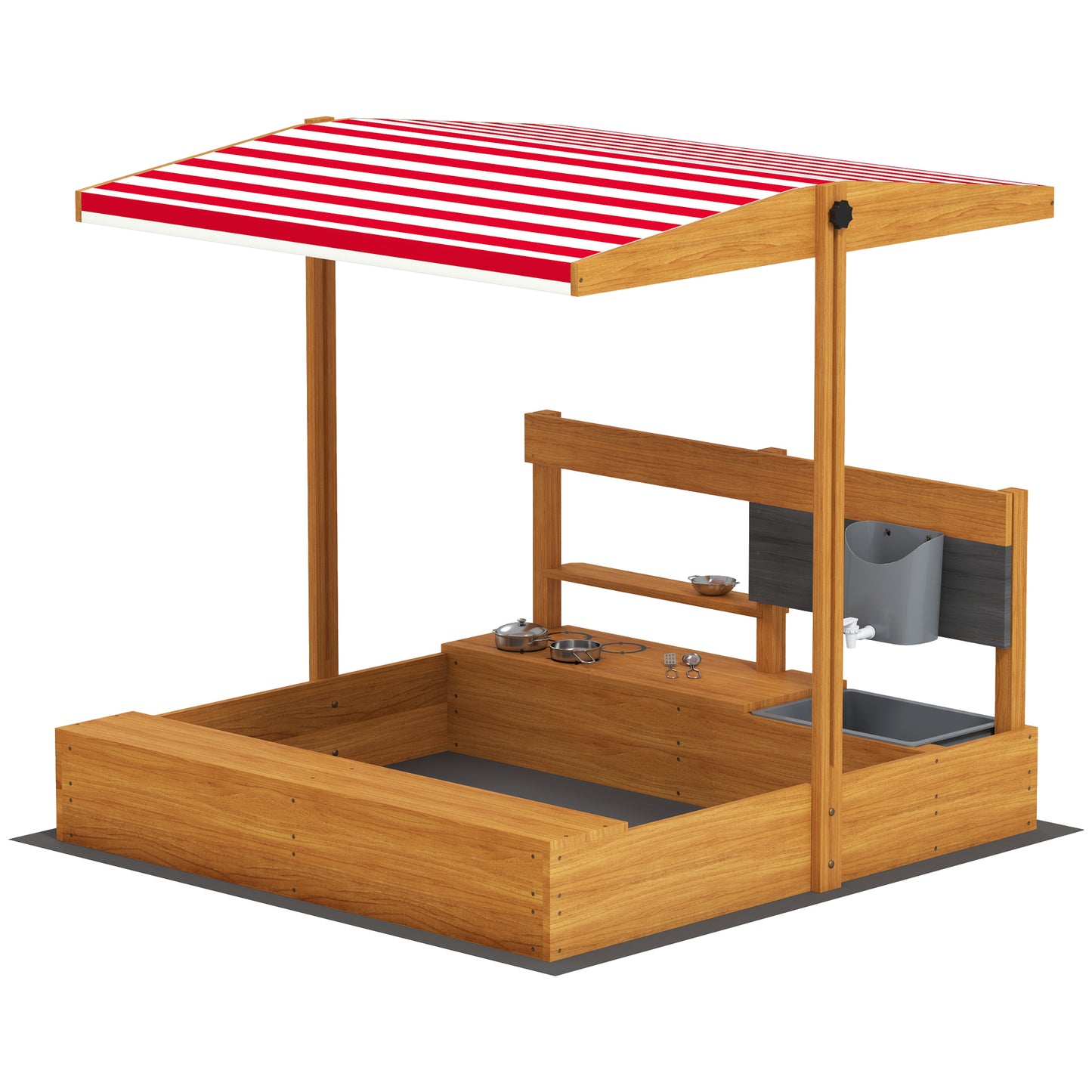 Kids Sandbox with Cover Kitchen Playset Toys, Wooden Sand Box with Seat, Storage, for 3-7 Years Old, Red Kids Crystal