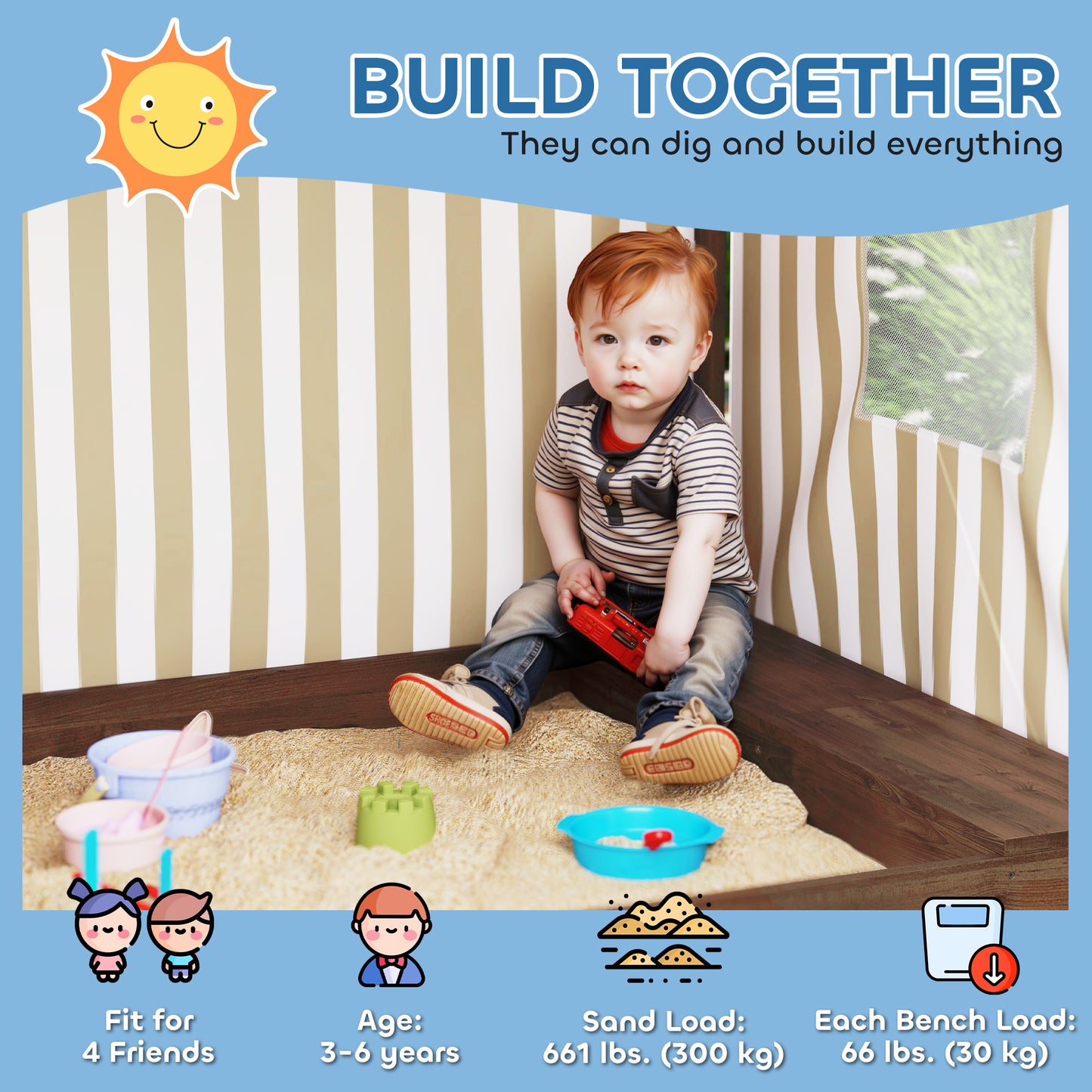 Kids Sandbox with Full Covered Canopy, Bench Seats, Bottom Liner, for Ages 3-6, 56" x 40" x 52" Brown Kids Crystal