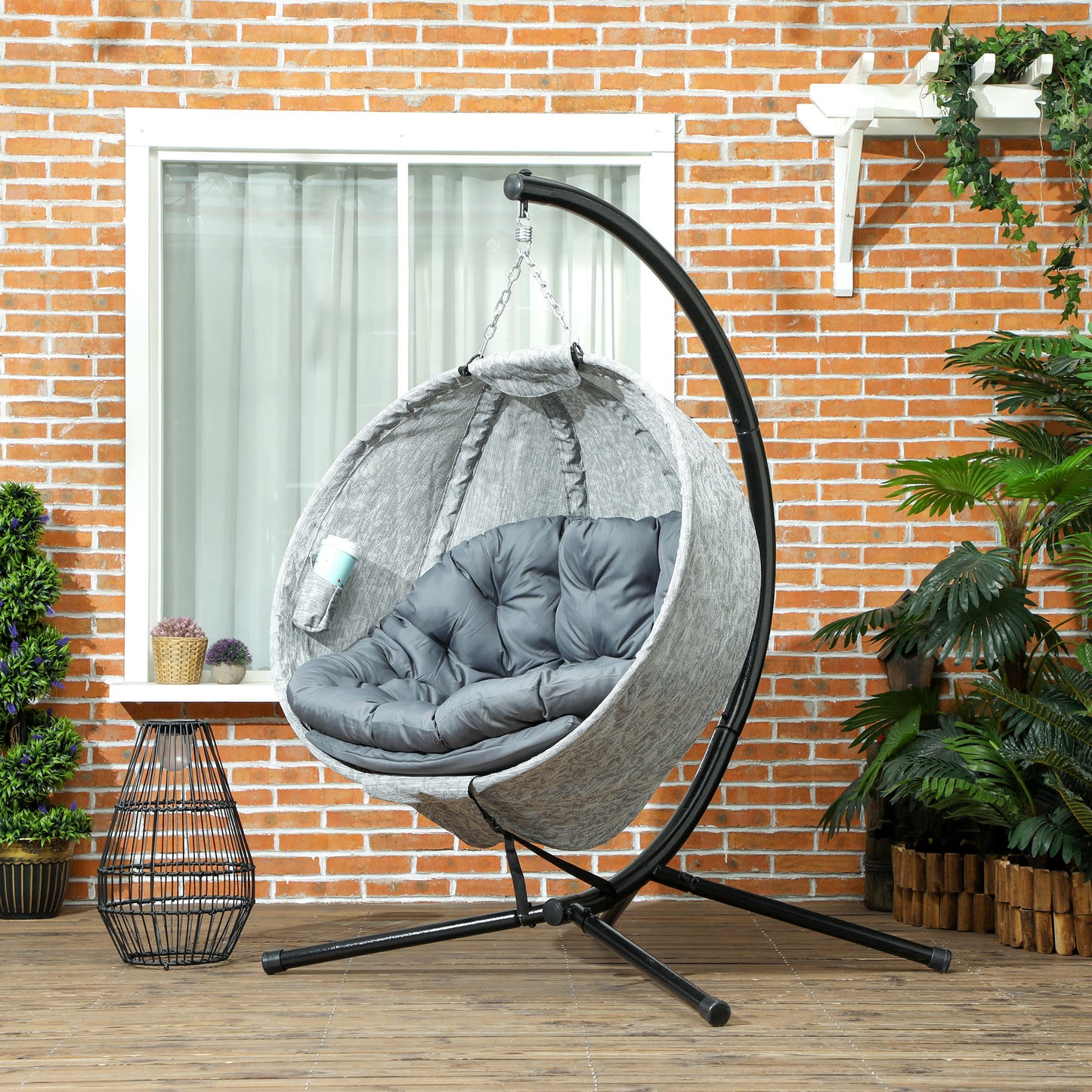 Egg Chair with Folding Basket, Outdoor Indoor Hanging Swing Chair with Stand, Cushions for Patio, Balcony, Grey Kids Crystal