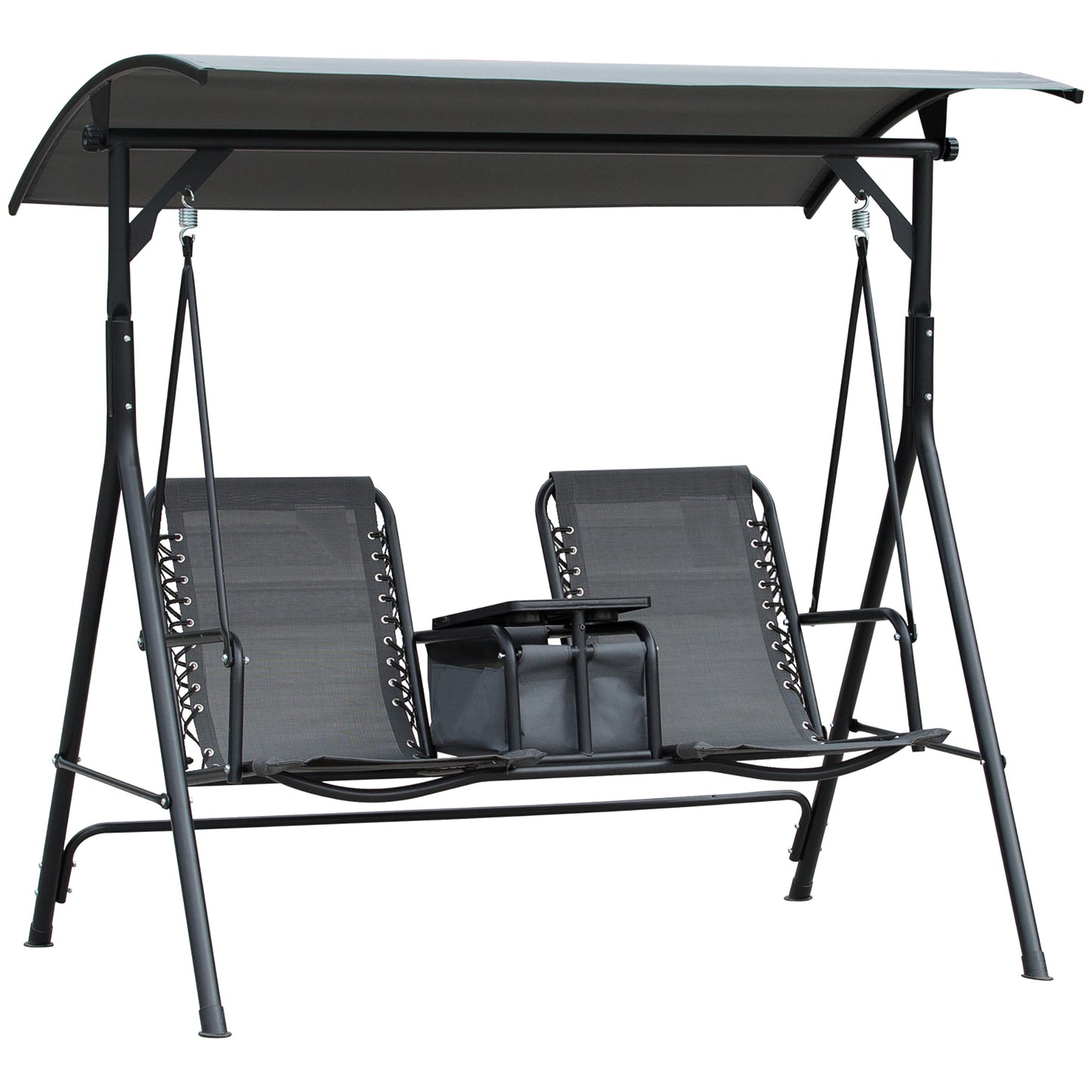 2-Person Patio Swing Chair Covered Porch Swing with Pivot Storage Table, Cup Holder, & Adjustable Overhead Canopy, Grey Kids Crystal