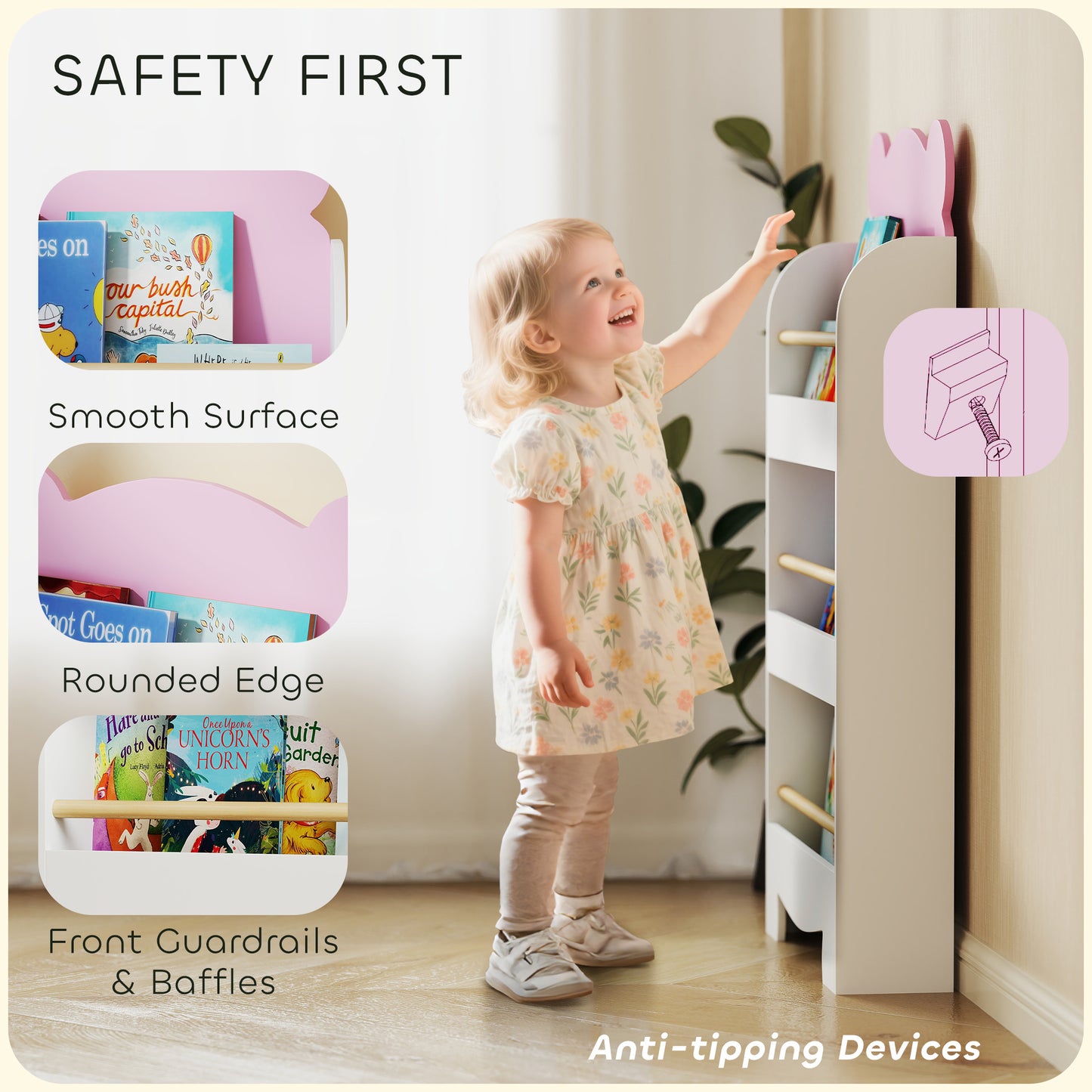 3-Tier Bear Theme Kids Bookshelf with Anti-tipping Device for Living Room, Kids Room, Playroom, Pink