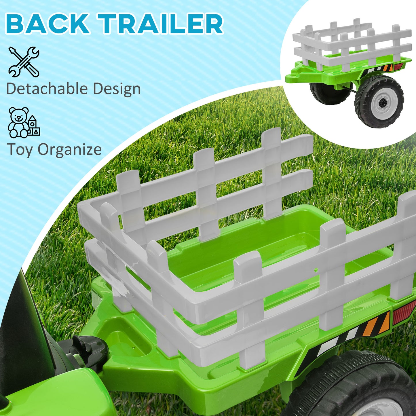 12V Electric Tractor for Kids - Ride-On with Trailer, Battery Powered, Remote Control, Music, Start-Up Sound & Horn, Green Kids Crystal