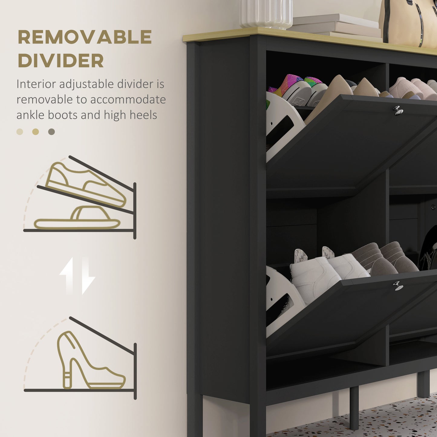 Entryway Shoe Storage Cabinet with 4 Flip Drawers, Adjustable Shelves, Narrow Shoe Cabinet for 20 Pairs of Shoes, Black Kids Crystal