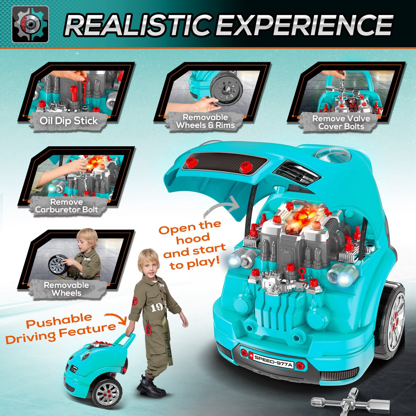 Kids Mechanic Truck Engine Repair Toy Set Car Service Teal Playset with Tools for Pretend Play Kids Crystal
