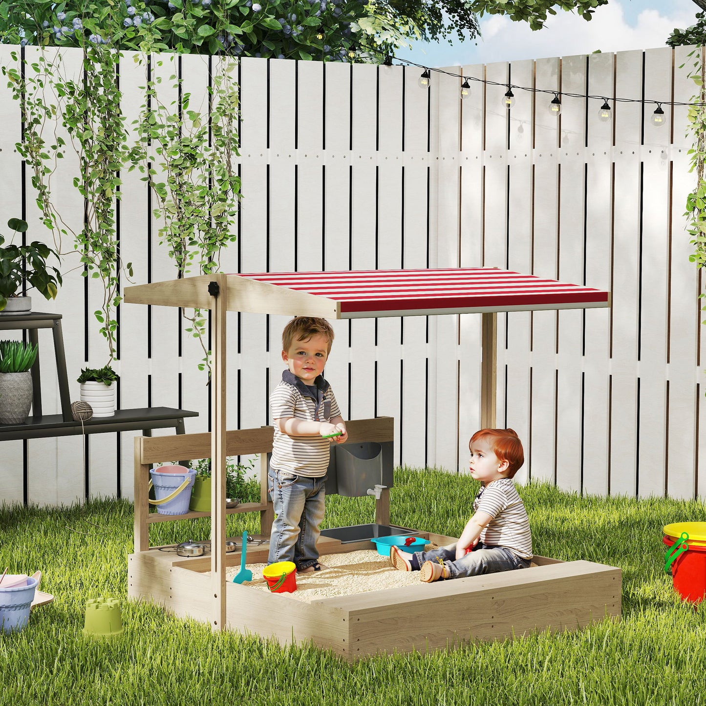 Kids Sandbox with Cover Kitchen Playset Toys, Wooden Sand Box with Seat, Storage, for 3-7 Years Old, Natural Wood Kids Crystal