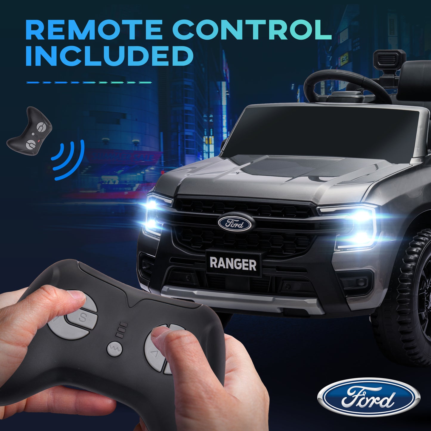 Ford Ranger Licensed 12V Ride on Car Battery Powered Kids Truck w/ Rear Storage Remote, Spring Suspension, Grey Kids Crystal
