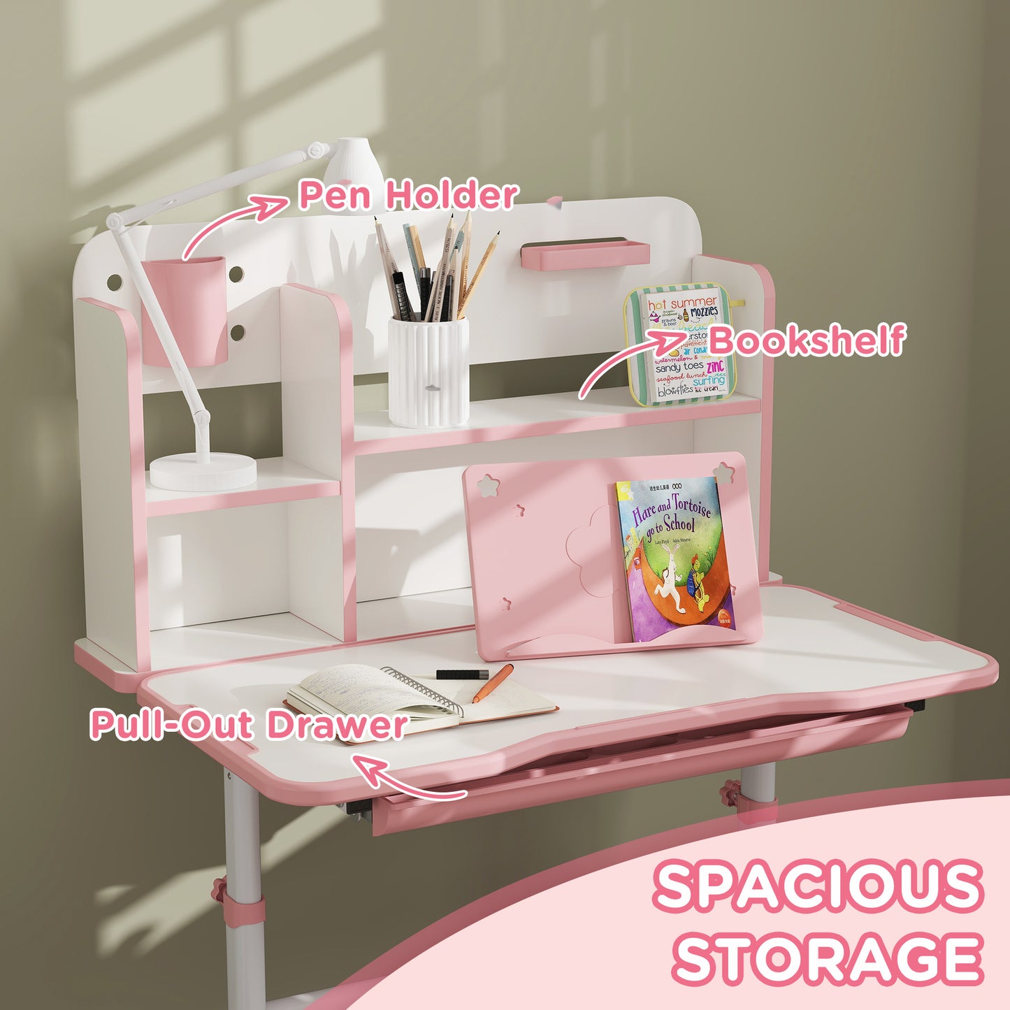 Adjustable Height Kids Desk and Chair Set, Kids Study Table and Chair with Tilt Desktop, Drawer, Reading Rack, Pink Kids Crystal