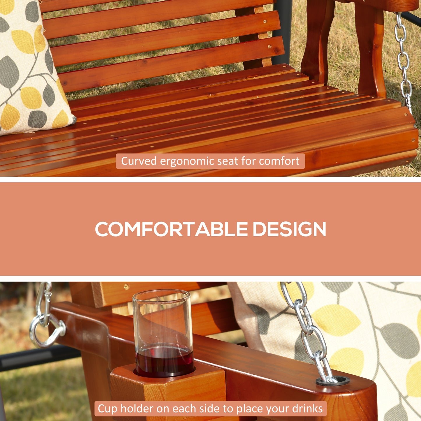 Wooden Patio Swing Chair 2 Seater Porch Swing with Cup Holder Chains Outdoor Bench for Garden Yard Brown Kids Crystal