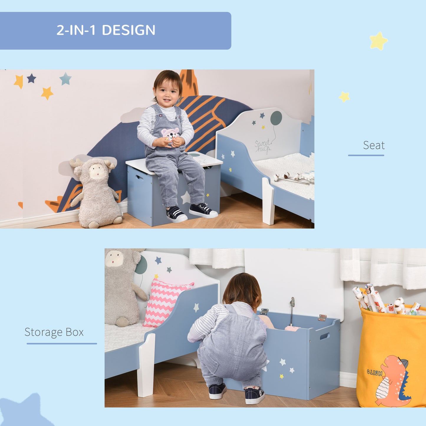 Wooden Toy Storage Box Organizer Chest with Seating Bench and Gas Stay Bar for Kids Room Blue Kids Crystal