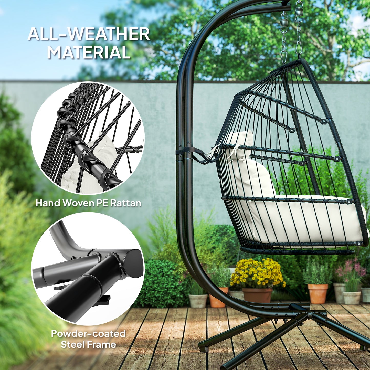 Double Wicker Egg Swing Chair with Stand, Foldable Hanging Egg Chair with UV Resistant Cushion, Headrest, Cream White Kids Crystal