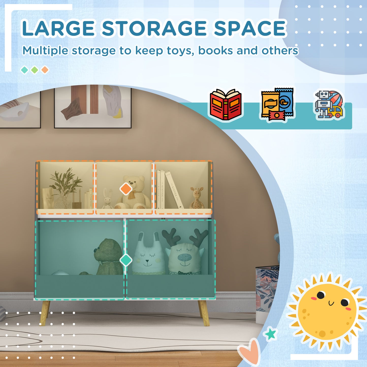 Toy Storage Organizer: 2 Tier with 5 Compartments, Safety Anti-tip for Nursery & Playroom - Grey Kids Crystal