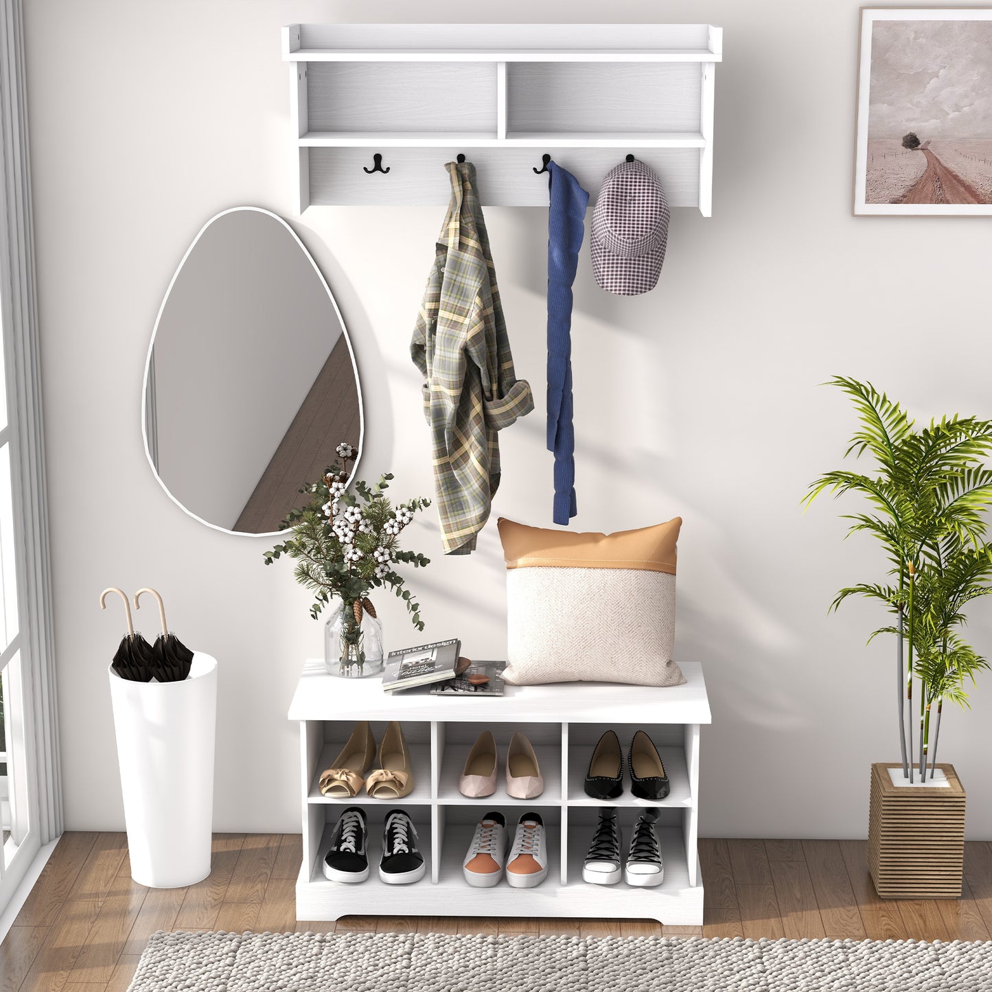 Coat Rack Shoe Bench Set Entryway 8 Cubbies 4 Hooks Hallway Living Room Bedroom White