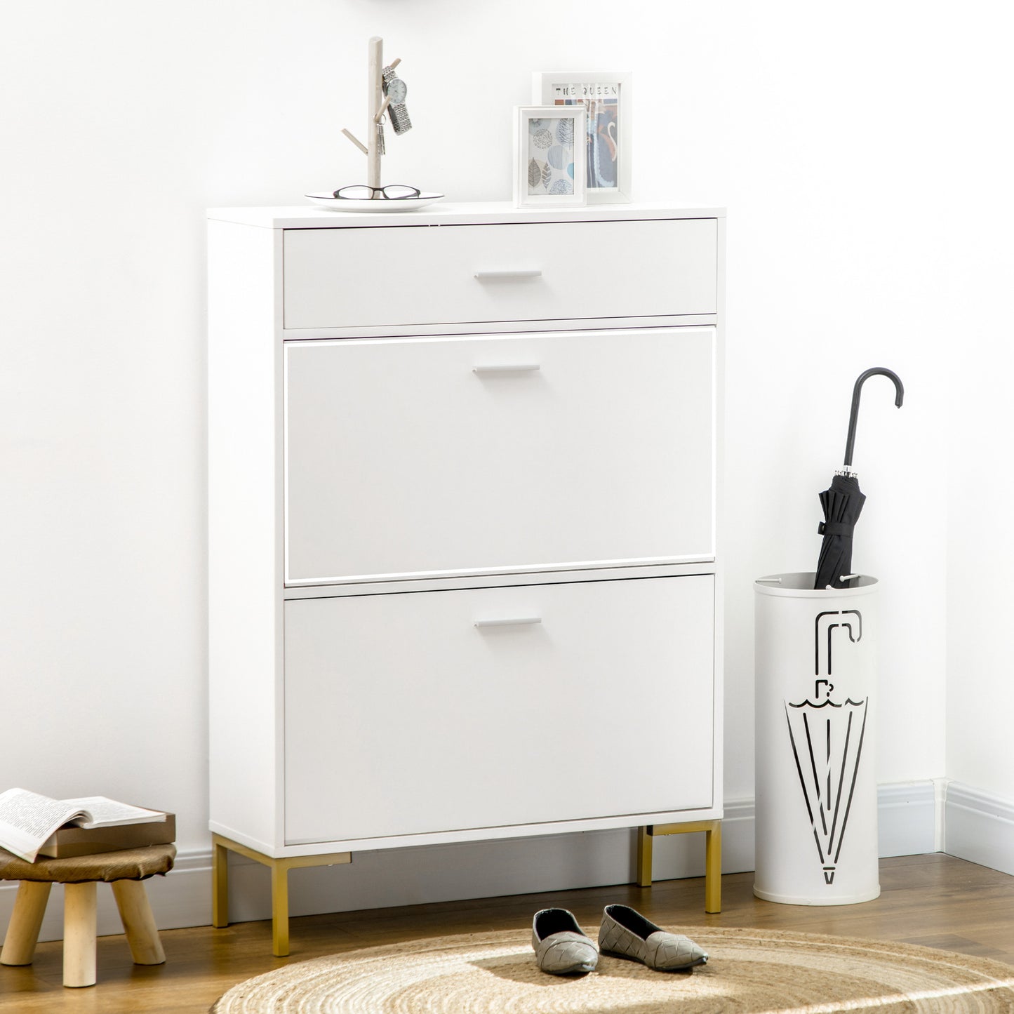 Modern Shoe Cabinet: 12-Pair Storage Organizer with 2 Flip Doors, Drawer & Adjustable Shelf, White Kids Crystal