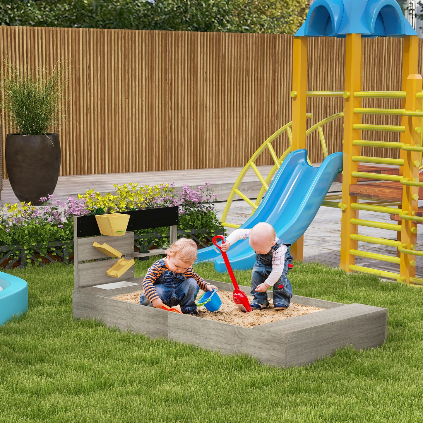 Kids Wooden Sandbox with Protective Liner Kitchen Theme for Outdoor Garden Backyard Play Kids Crystal