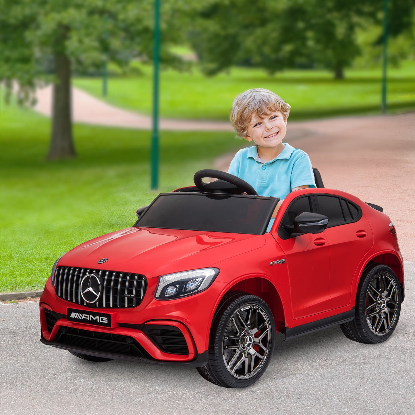 12V Ride On Toy Car for Kids with Remote Control, Mercedes Benz AMG GLC63S Coupe, 2 Speed, with Music, Electric Light, Red Kids Crystal