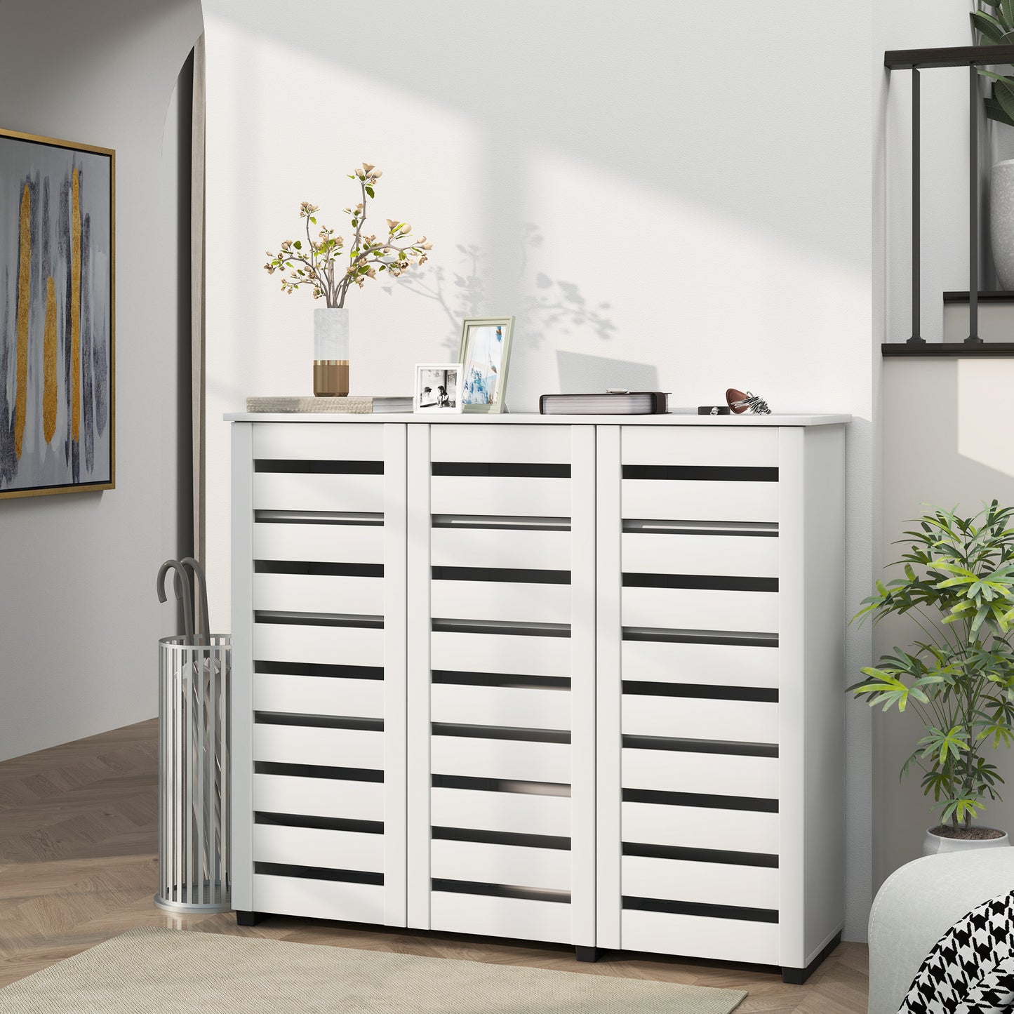 Narrow Shoe Cabinet with Slatted Doors, Adjustable Shelves for 20 Pairs of Shoes, Shoe Cabinet for Entryway, White Kids Crystal