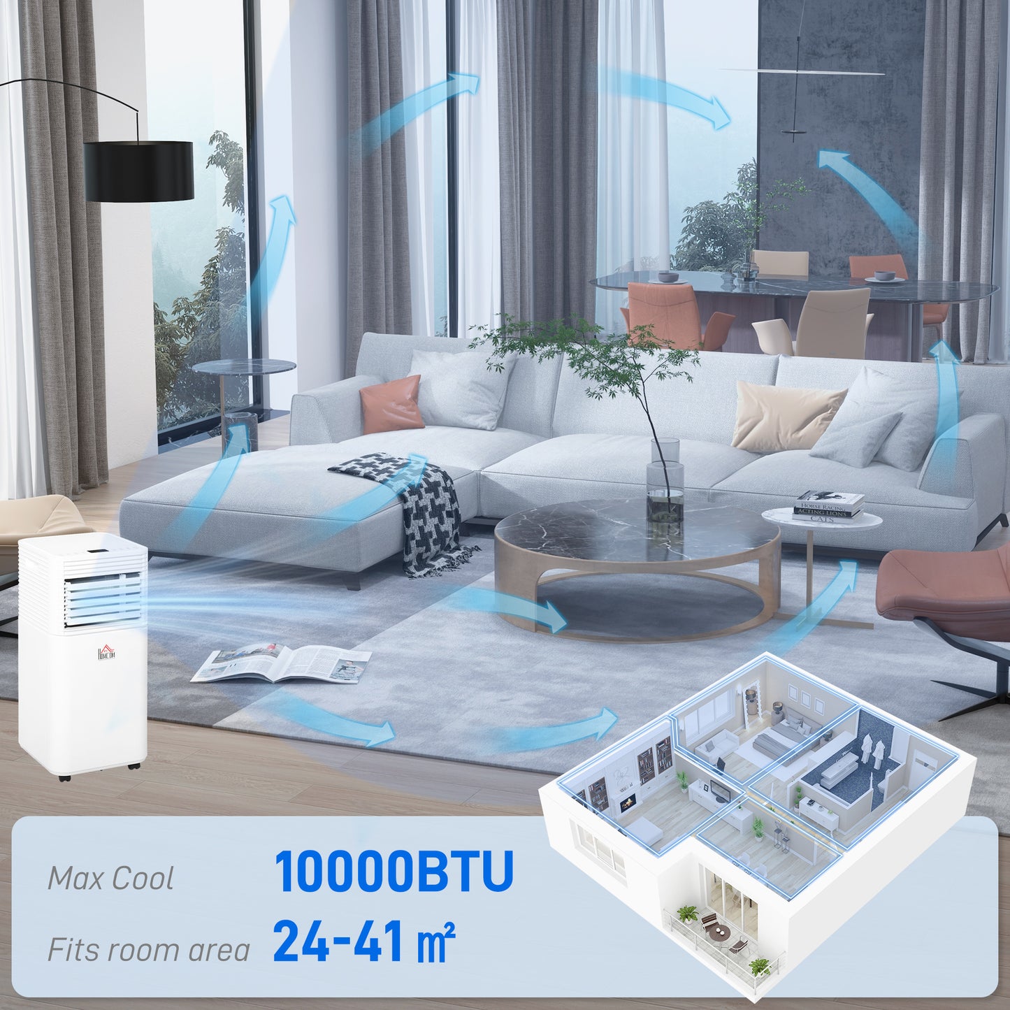 10000 BTU Portable Air Conditioner with Fan & Dehumidifier Mode, Quiet AC Unit with Remote Control, 24-Hour Timer, White