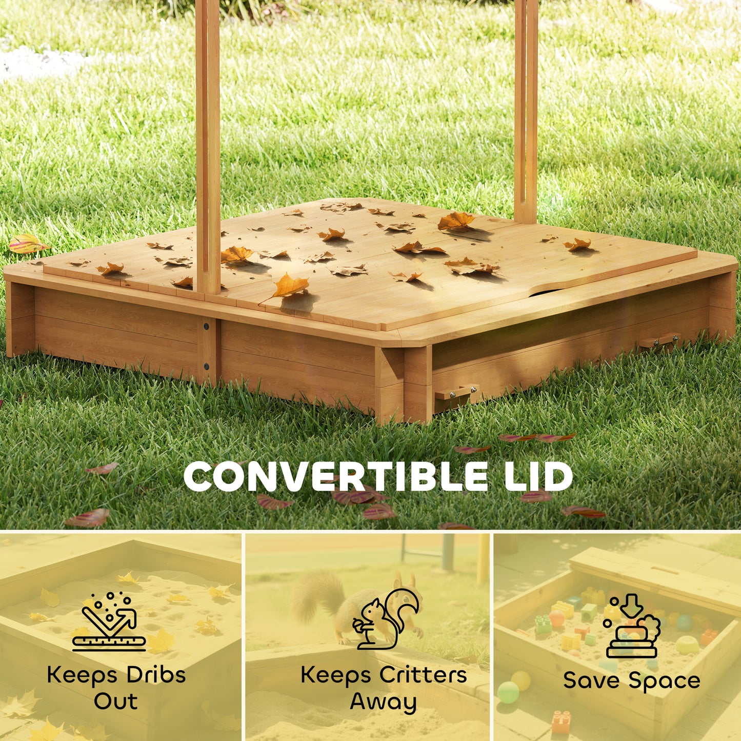 Kids Sandbox Wooden with Cover Adjustable Canopy Foldable Bench Seats Sand Play Light Brown Kids Crystal