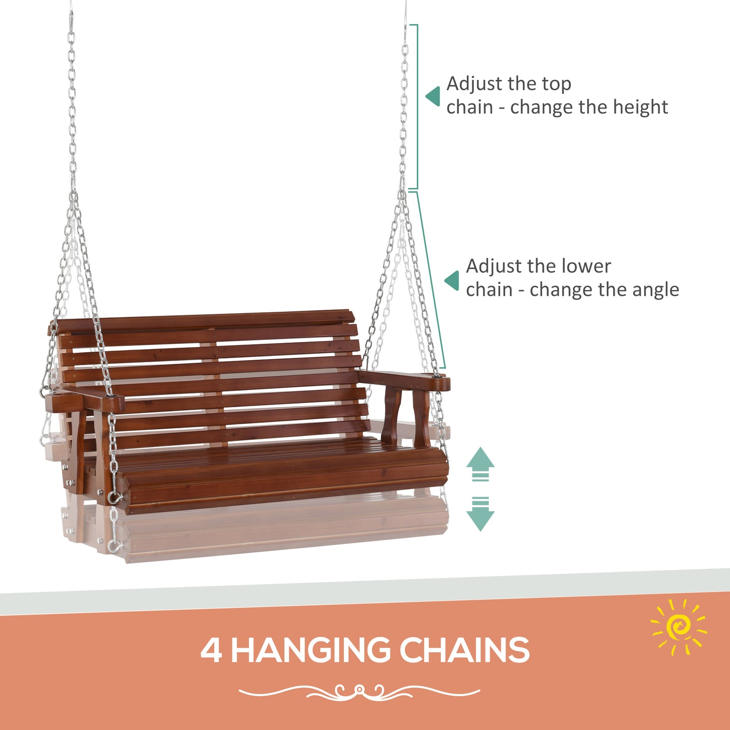 Wooden Patio Swing Chair 2 Seater Porch Swing with Cup Holder Chains Outdoor Bench for Garden Yard Brown Kids Crystal