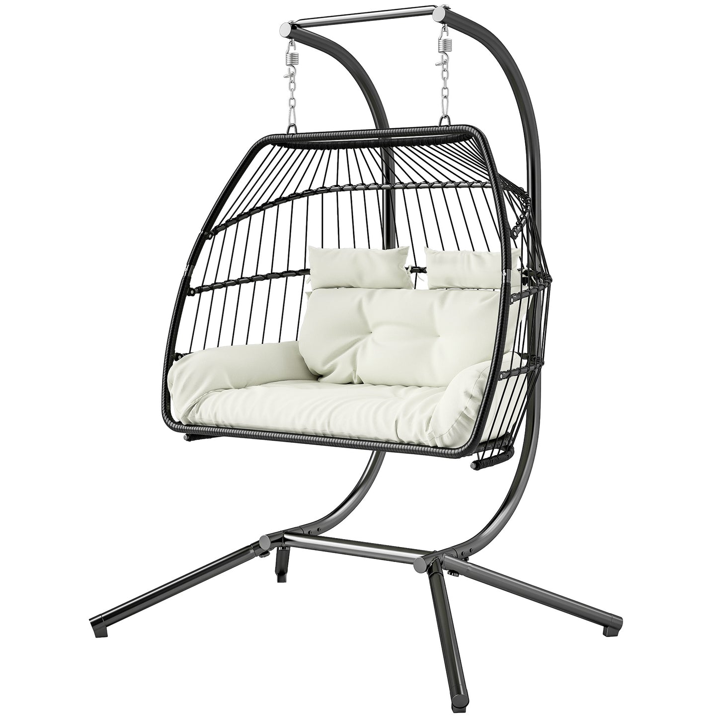 Double Wicker Egg Swing Chair with Stand, Foldable Hanging Egg Chair with UV Resistant Cushion, Headrest, Cream White Kids Crystal