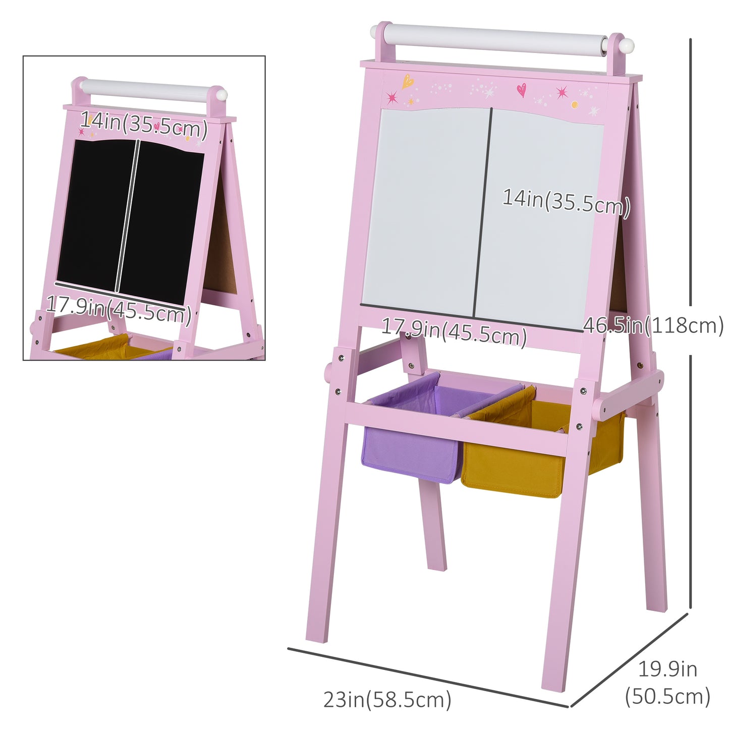 3 In 1 Kids Wooden Art Easel w/ Paper Roll Double-Sided Chalkboard Whiteboard with Storage Baskets Gift for Toddler Age 3+ Pink Kids Crystal