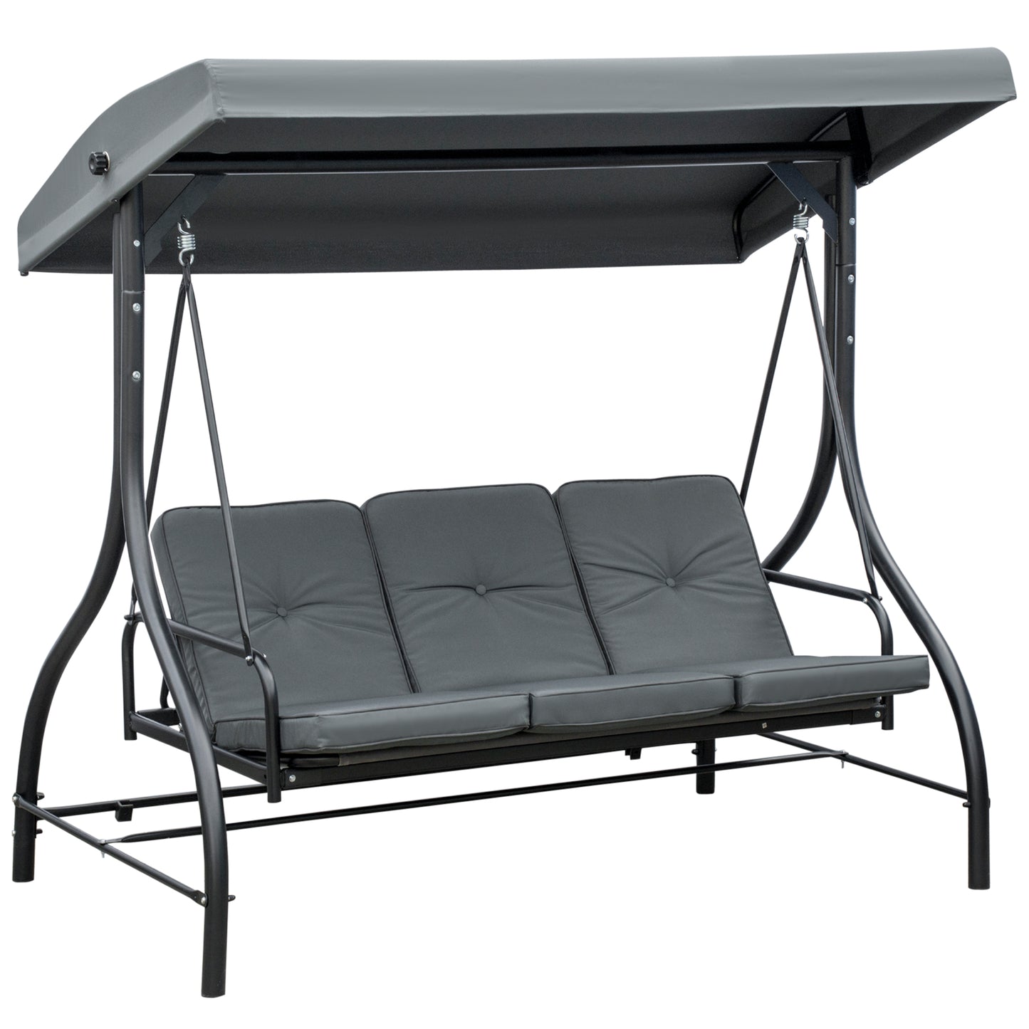 Patio Swing Bed Convertible 3 Seater with Adjustable Canopy Cushions Dark Grey