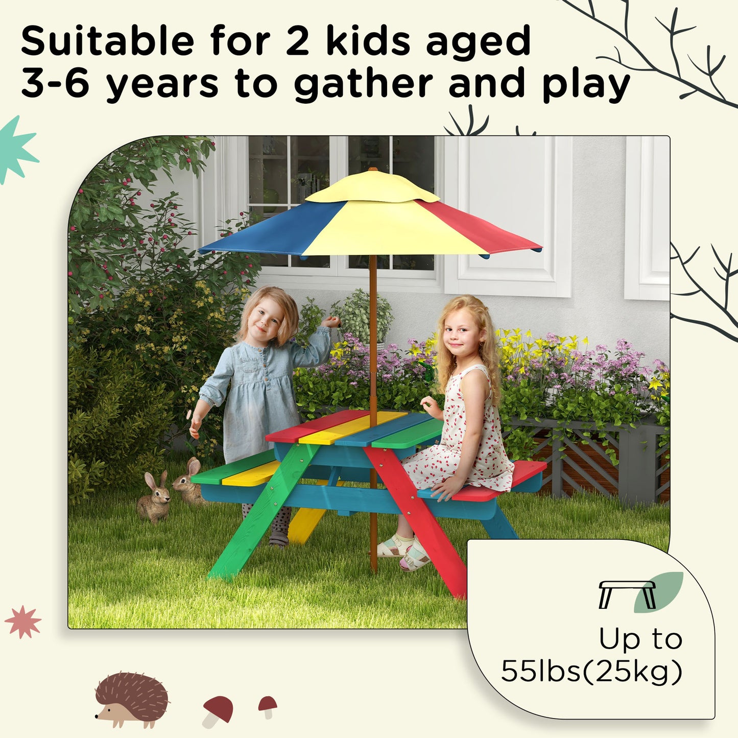 Kids Wooden Picnic Table Bench Set with Removable Umbrella, Ideal for Backyard, Garden, Ages 3-6
