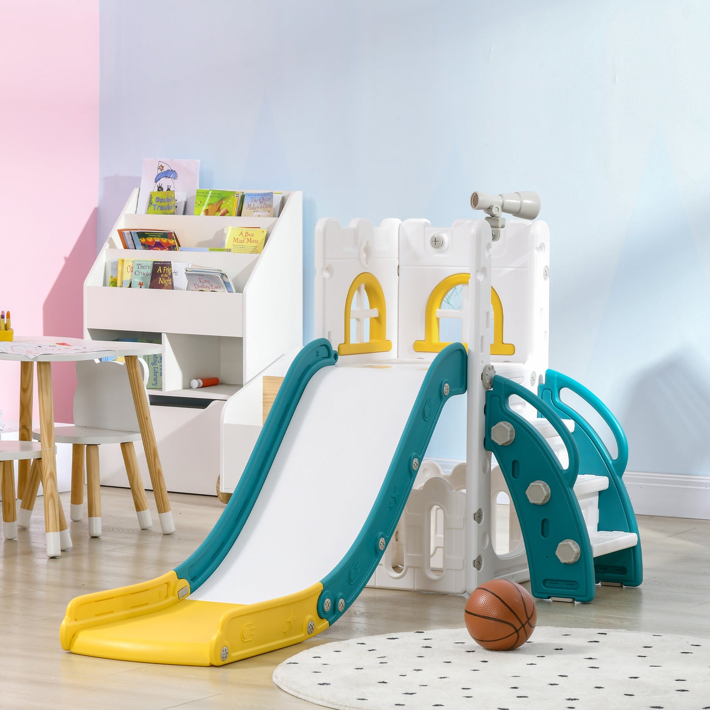 4 in 1 Toddler Slide with Basketball Hoop, Climber, Telescope, Storage Basket, for 1-3 Years Kids Indoor Use, Yellow Kids Crystal