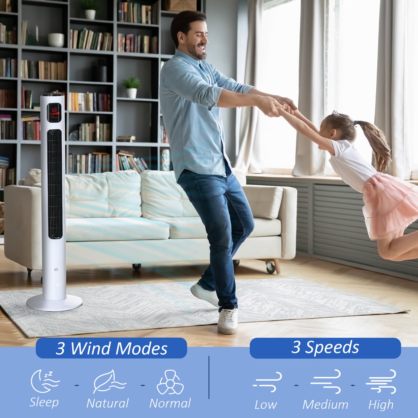 Oscillating Tower Fan Standup Cooling 3 Speed 12h Timer LED Remote White for Efficient Air Circulation