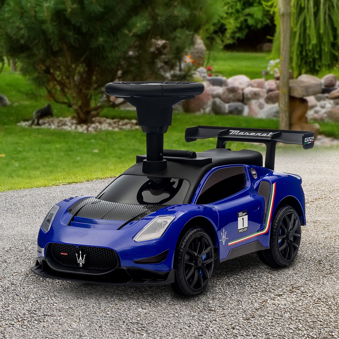 Licensed Maserati GT2 Baby Sliding Car with Storage, Music, Horn, Foot to Floor Toddler Car for 18-60 Months, Blue Kids Crystal