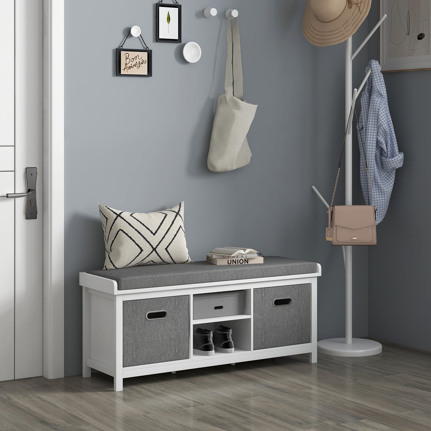 White Entryway Shoe Storage: Comfortable Cushioned Bench with 2 Drawers & Adjustable Shelf Organizer Kids Crystal